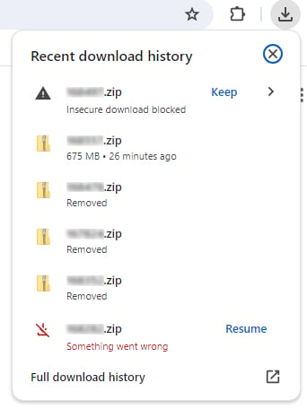 An example of the recent download history window with an unsafe download.